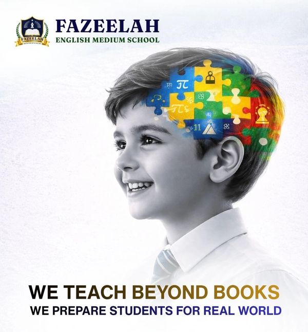 Smiling boy with colorful puzzle pieces representing learning in his head, promoting Fazeealah English Medium School.