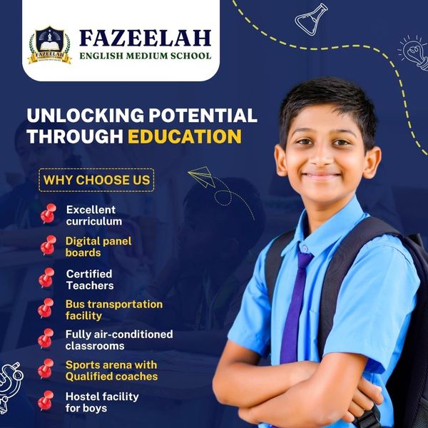 Smiling student promoting Fazeelah English Medium School's educational benefits.