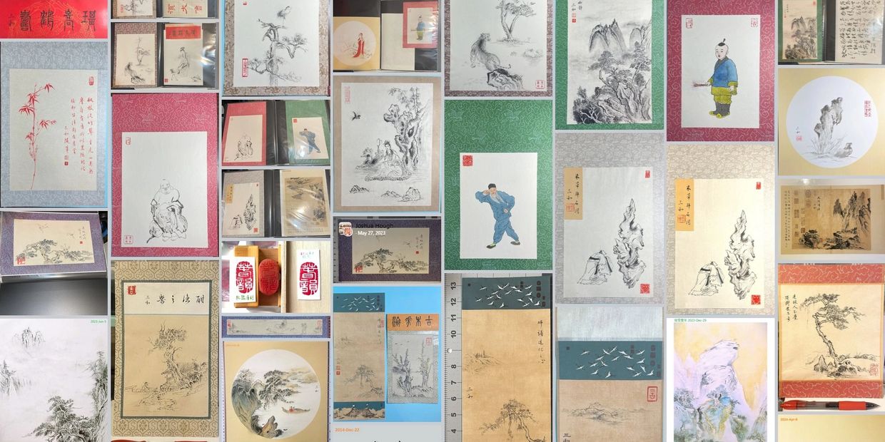 A collage of traditional Chinese ink paintings and calligraphy on various backgrounds.