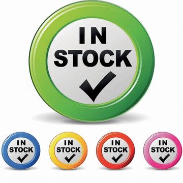 Colorful circular badges with 'IN STOCK' and checkmark.