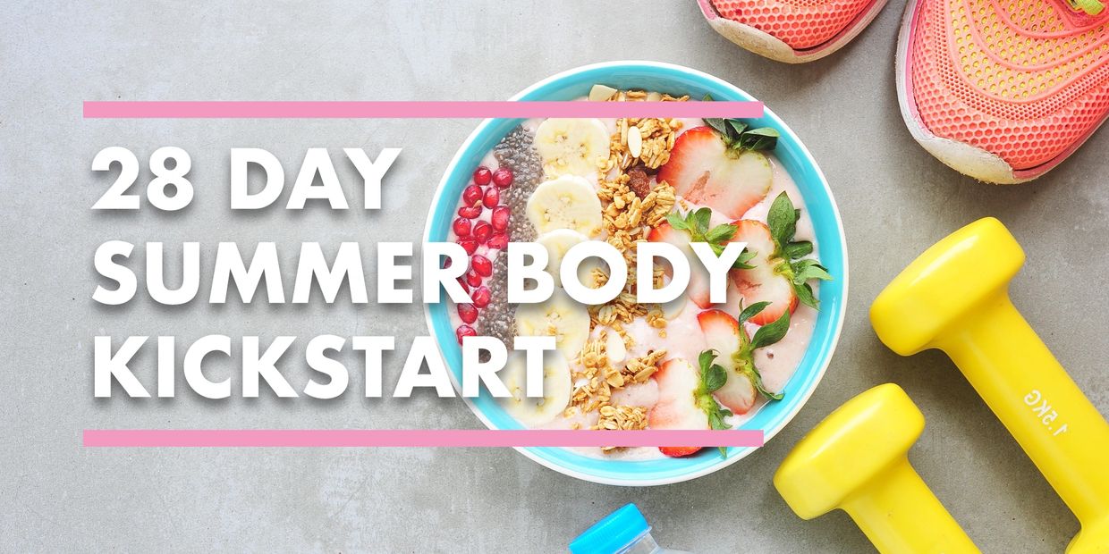 28 day summer body kickstart programme header, smoothie bowl, weights, trainers, water bottle