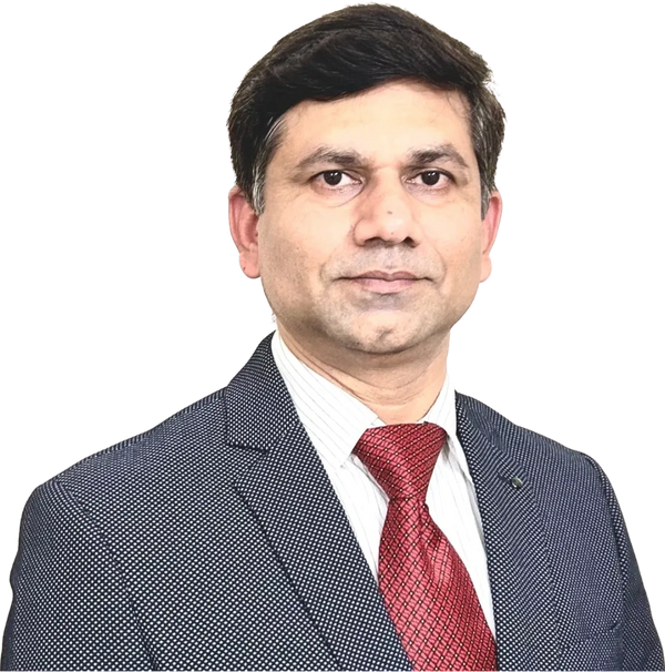 Professional man in a suit and red tie, looking confident.