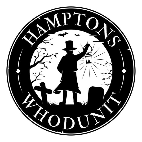 Silhouette of a Victorian figure with lantern in a graveyard, bats flying, text 'Hamptons Whodunit'.
