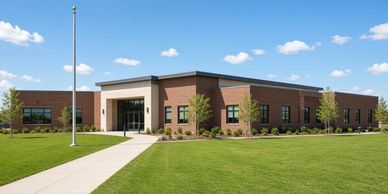 Modern brick office building with green lawn.
