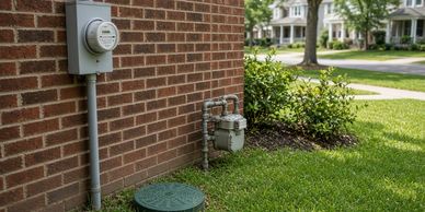 Gas meter and electric meter on a brick house exterior.