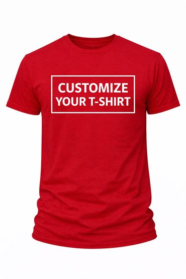 Red T-shirt with a white box and 'CUSTOMIZE YOUR T-SHIRT' text.