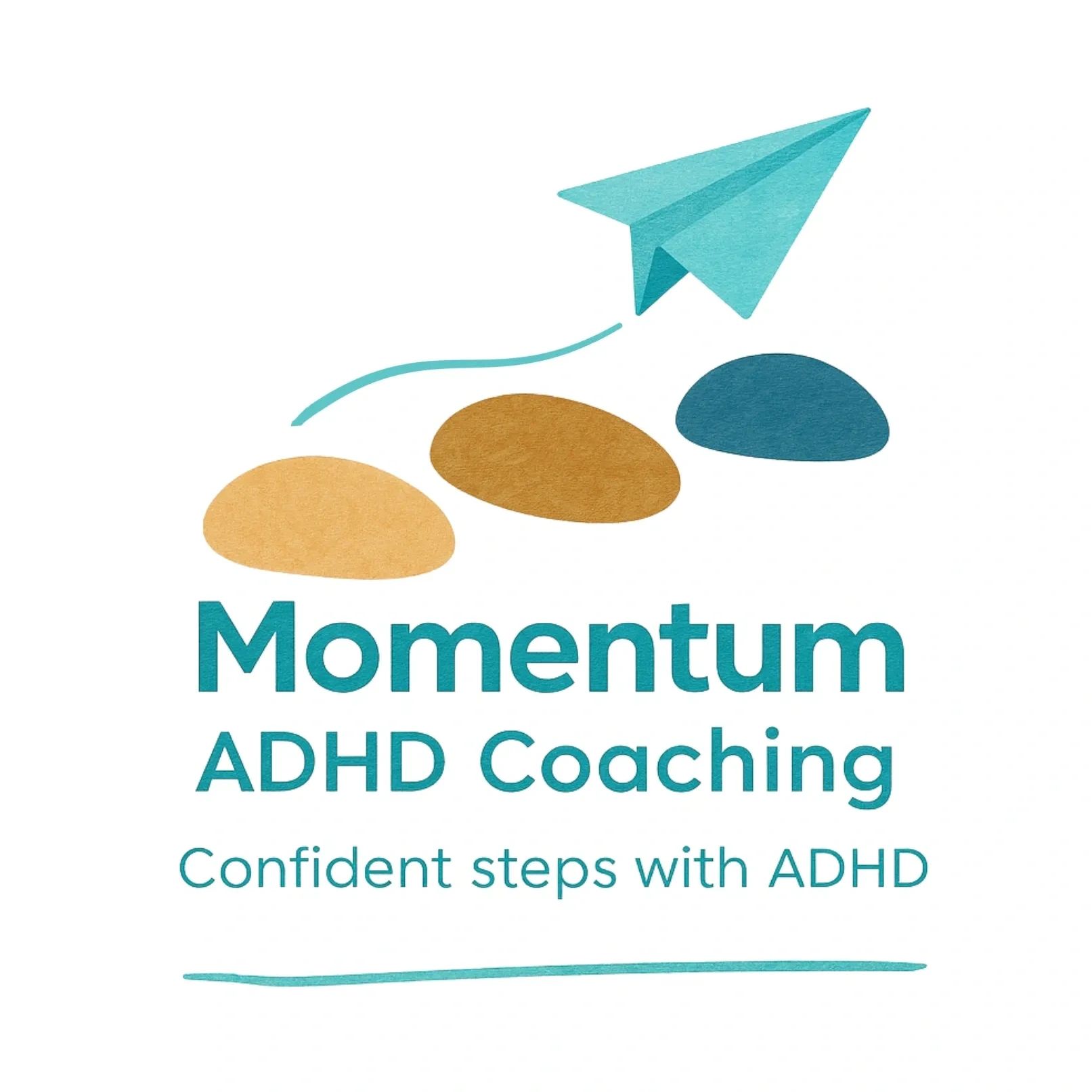 Momentum ADHD Coaching logo with a paper airplane and stepping stones.