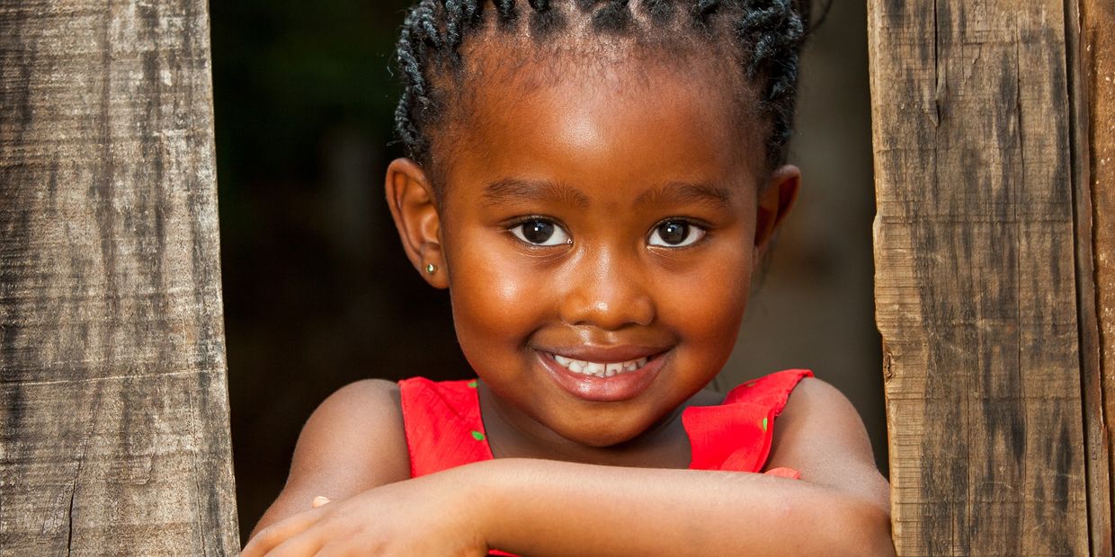 Smiling girl in red dress with braided hair poses between wooden planks.