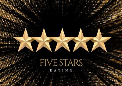 Golden five-star rating with sparkling background.