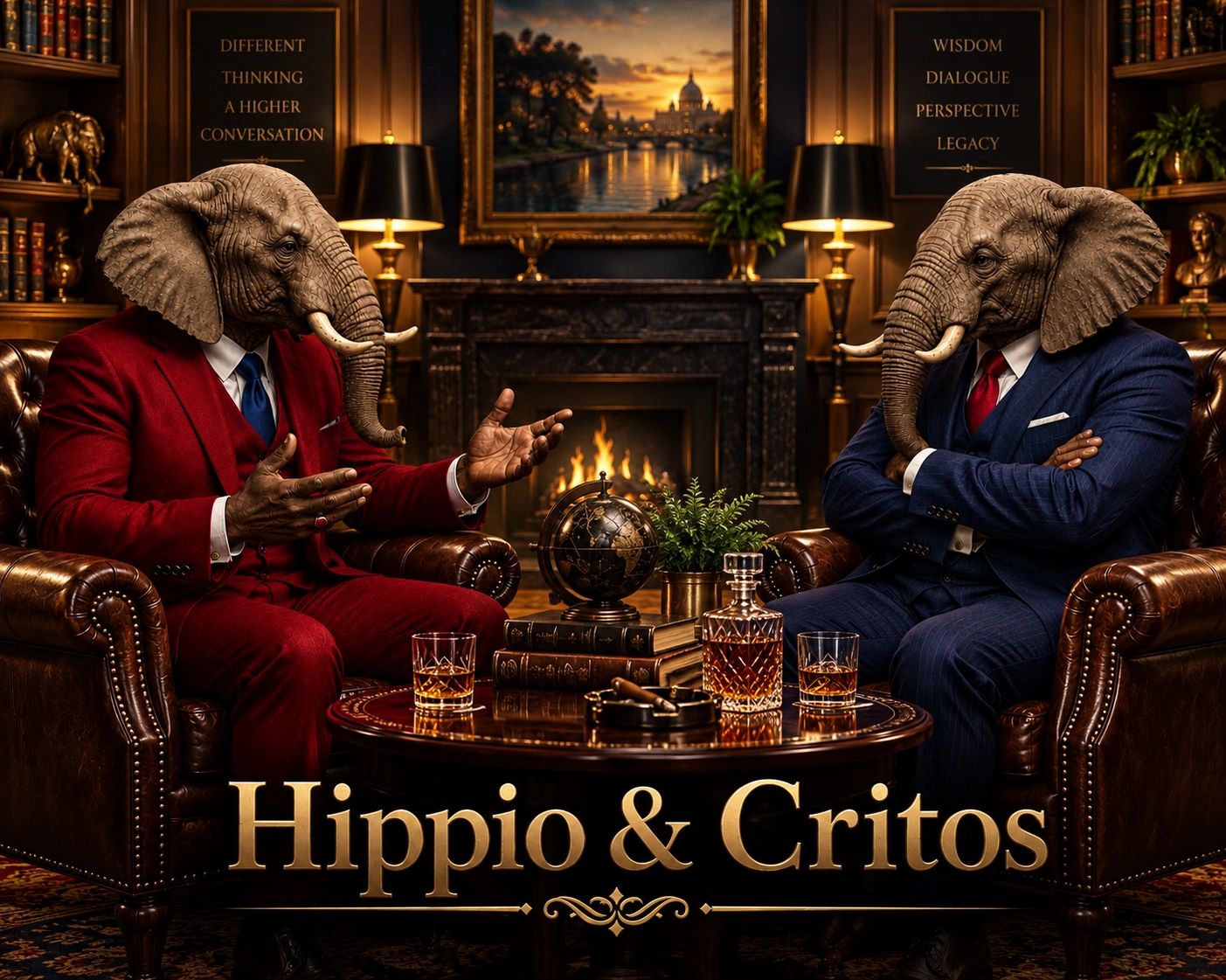 Two elephant-headed figures in suits having a conversation in a luxurious room.
