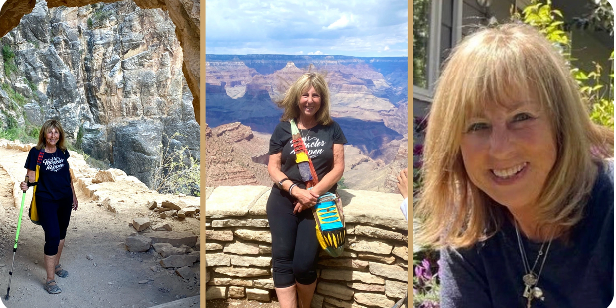 A woman enjoys hiking and scenic views at the Grand Canyon and a garden.
