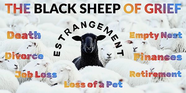A black sheep symbolizes grief amidst white sheep, highlighting estrangement and various life losses.