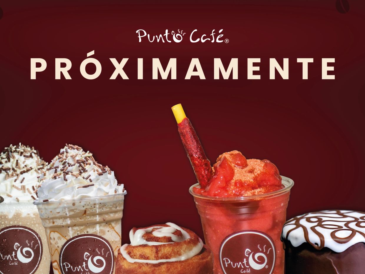Promotional image from Punto Café showcasing upcoming delicious drinks and pastries.
