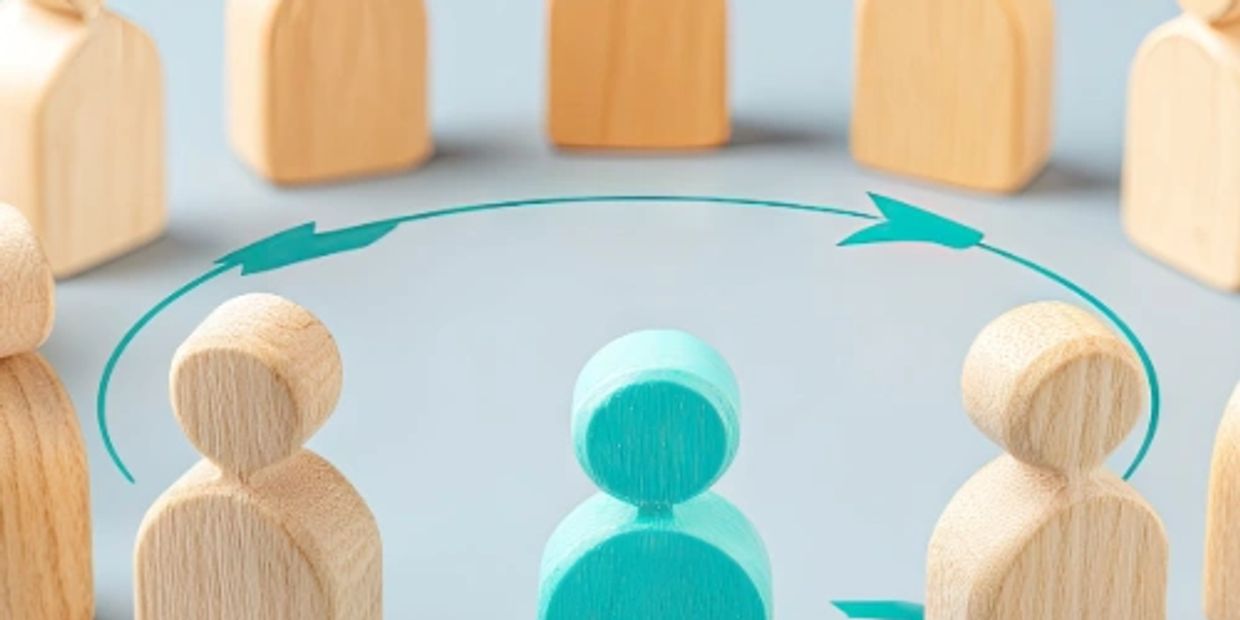 A blue figure surrounded by wooden figures with circular arrows indicating interaction.