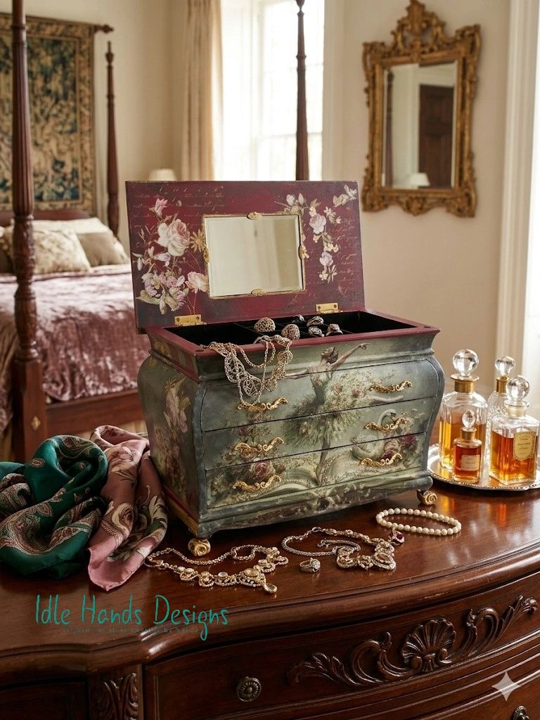 Decorative jewelry box on wooden dresser with necklaces and perfume bottles.
