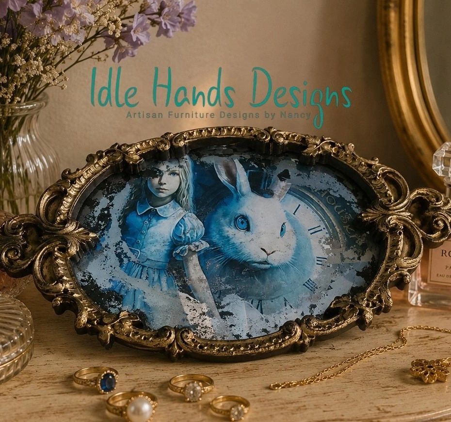 Ornate frame featuring Alice and the White Rabbit from Alice in Wonderland.