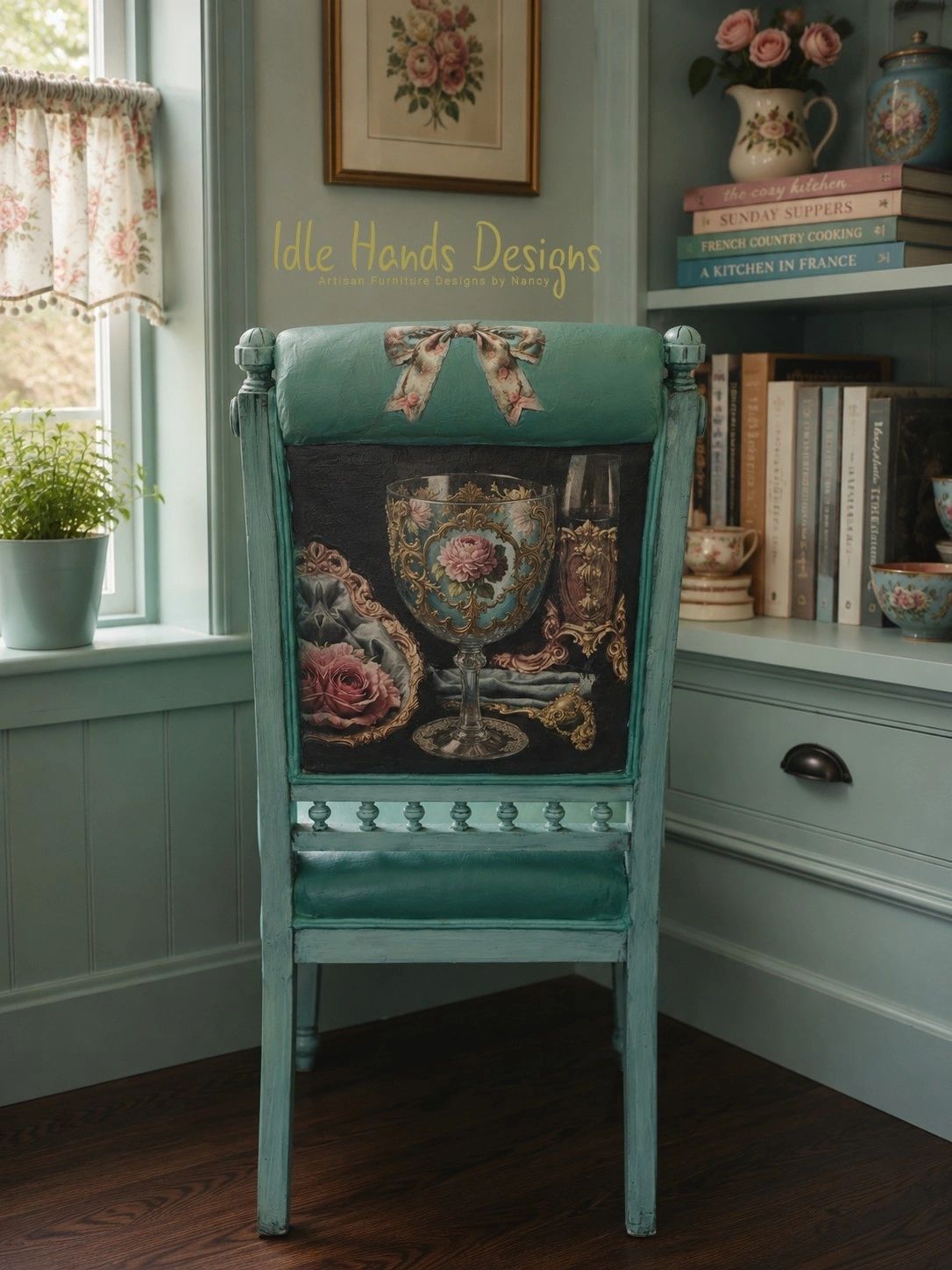 Vintage-style painted chair in a cozy kitchen corner.