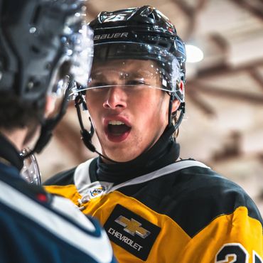 hockey players yelling at each other in a game