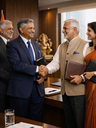 Two businessmen shaking hands in a formal office setting, smiling.