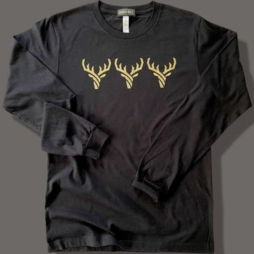 Black long-sleeve shirt with 3 stag heads printed on front