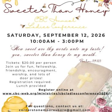 Flyer for CBC Annual Ladies Conference "Sweeter Than Honey" on September 12, 2026.