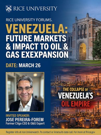 featured speakerMarch 26th at Rice University.  The Topic will be on Venezuela- Future Markets,
