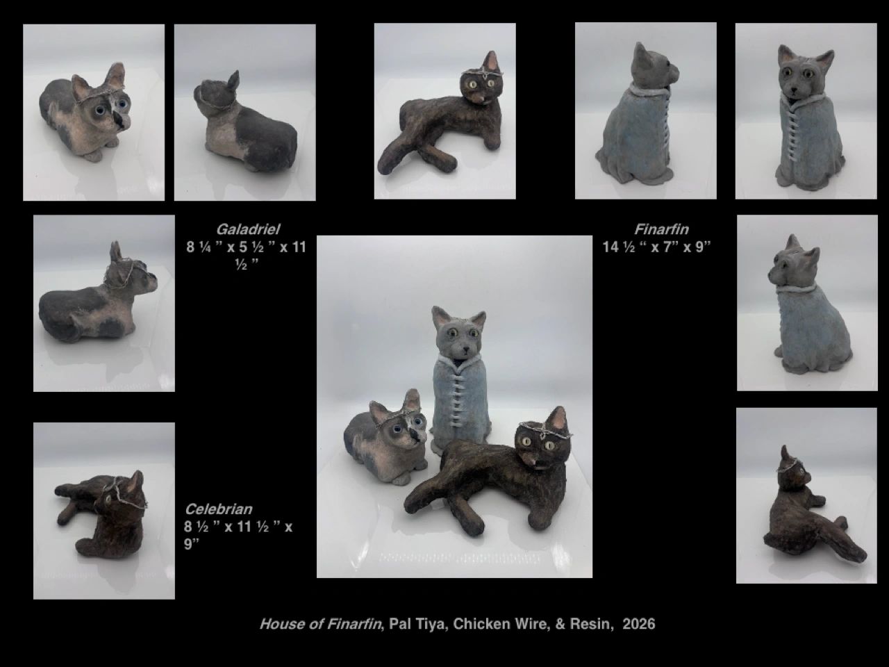 Three cat sculptures named Galadriel, Finarfin, and Celebrian with sizes and materials listed.