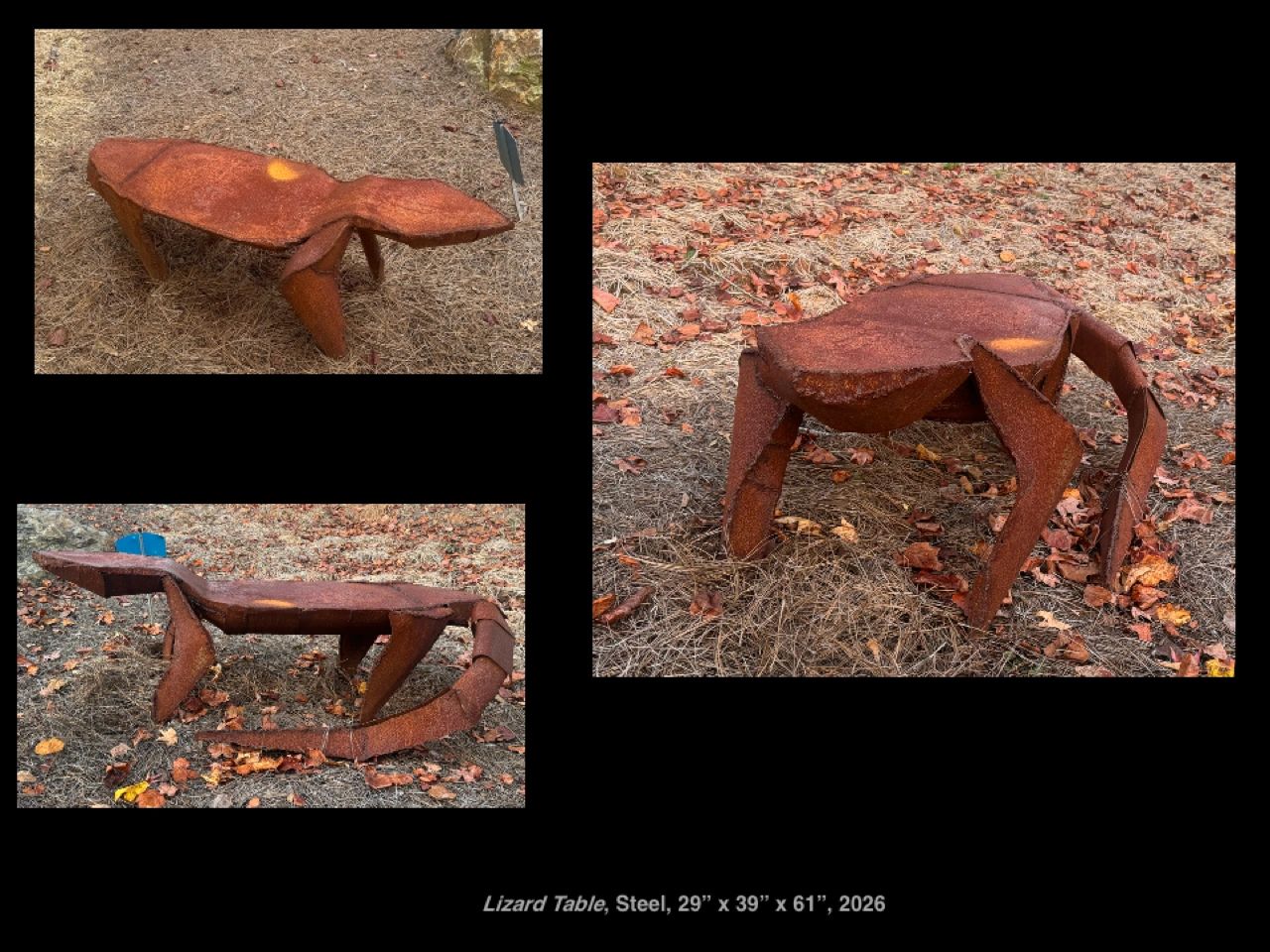 Rusty steel table shaped like a lizard outdoors.