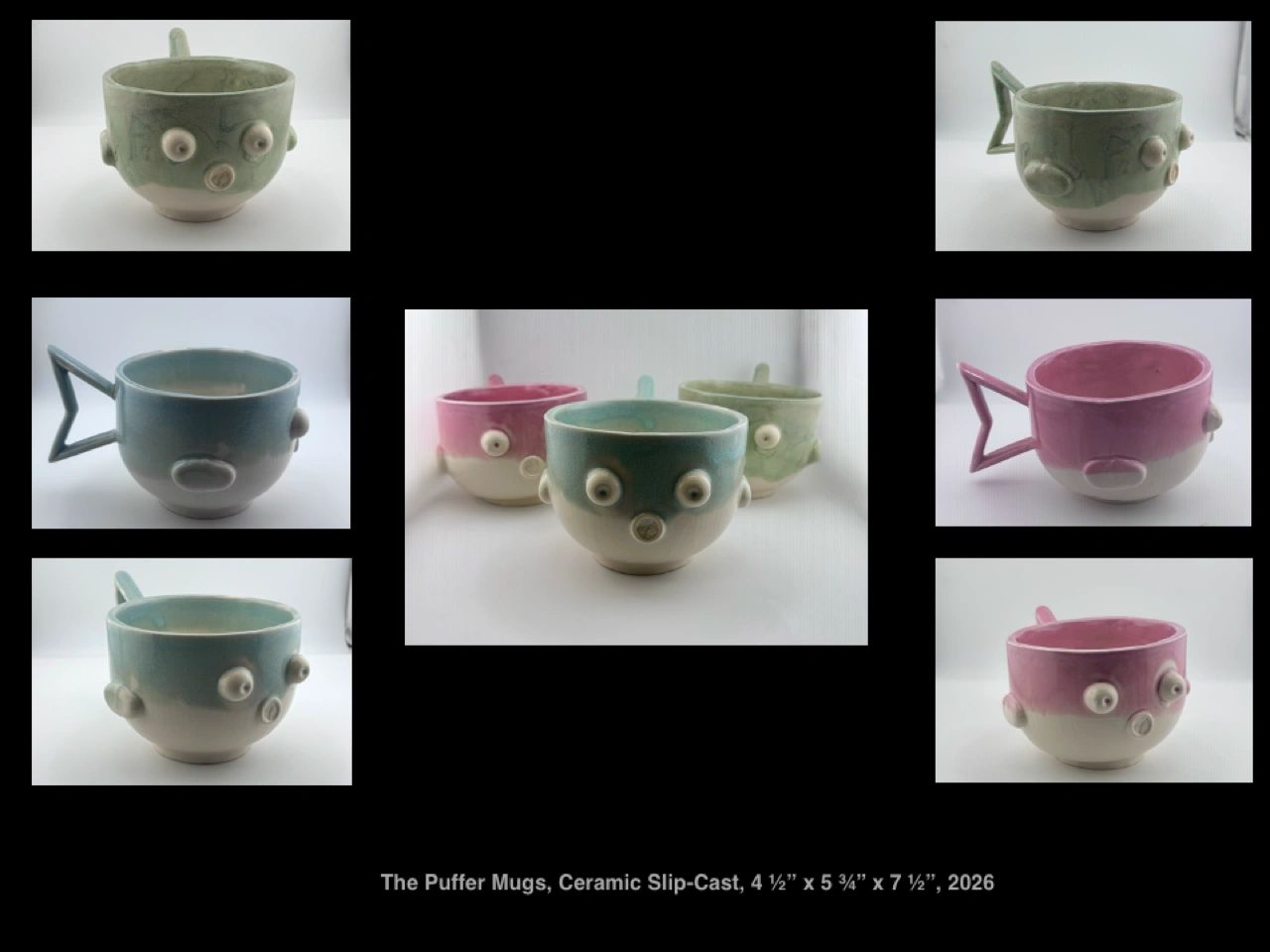 Ceramic puffer fish mugs in various pastel colors.
