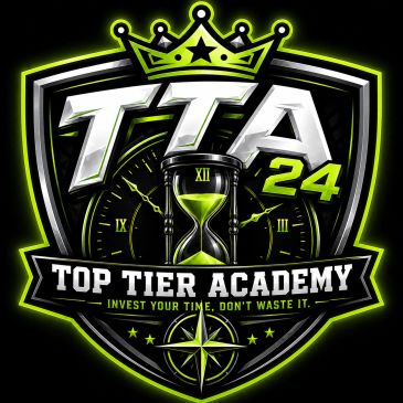 Emblem for Top Tier Academy with clock and hourglass design.