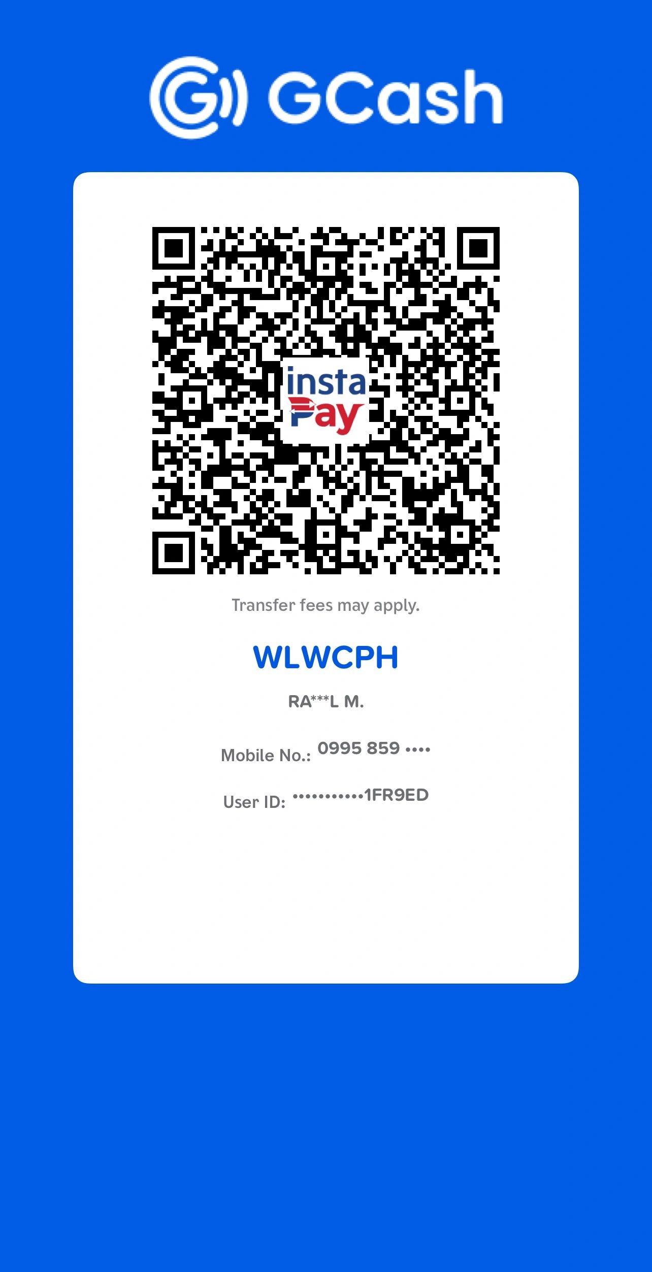 GCash QR code for payment transfer with user details.
