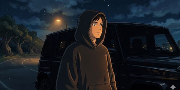 Young person in a hoodie standing near a dark car at night on a city road.