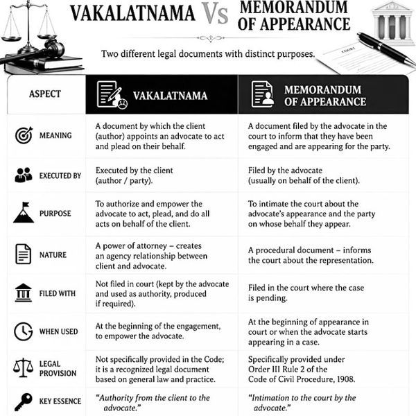 Difference between Vakalatnama and Memorandum of Appearance in Indian court representation process