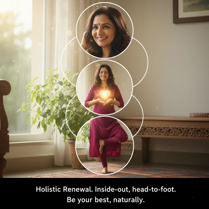 A woman practices holistic wellness, smiling and meditating with a glowing heart symbol.