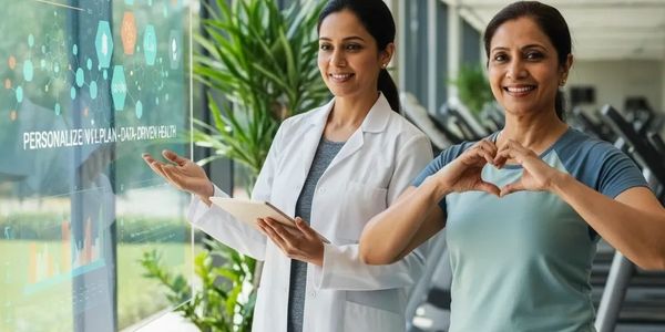A doctor discussing a personalized health plan with a smiling woman in a gym.