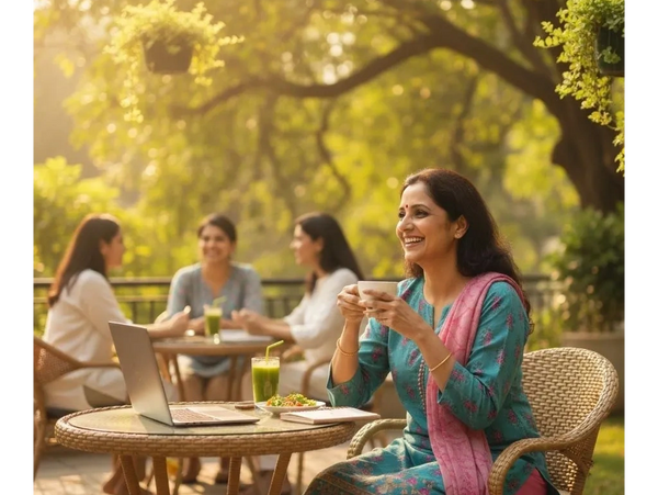 A woman enjoying tea with friends at an outdoor café on a sunny day.