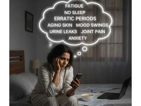 Woman in pajamas looking worried with symptoms like fatigue and anxiety in a thought bubble.