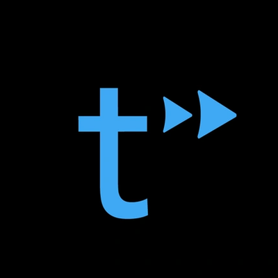 Logo azul con "t" y símbolos de avance rápido.