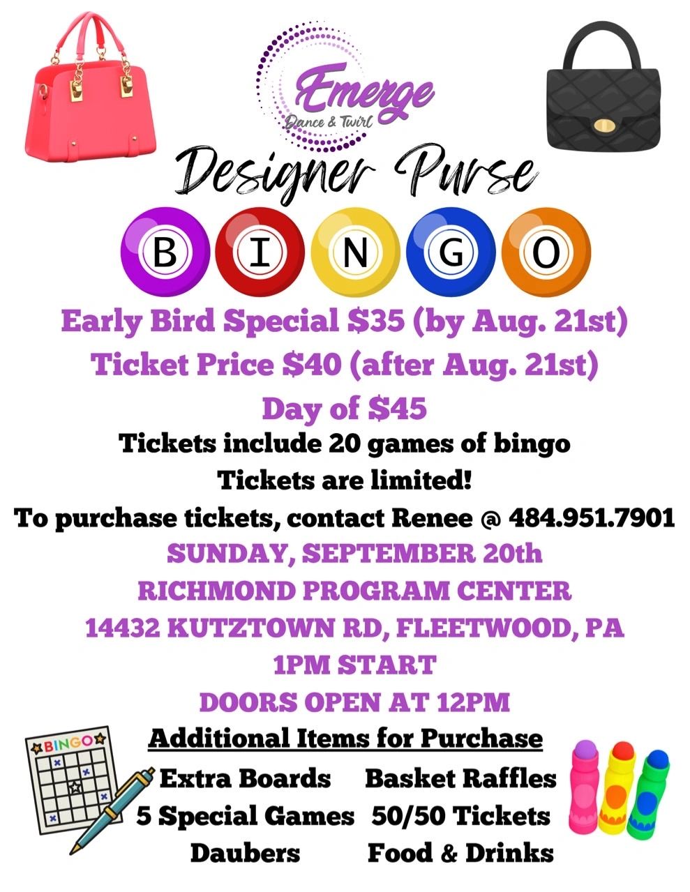 Emerge Designer Purse Bingo logo with colorful bags and bingo balls.