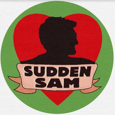 Sudden Sam logo. A black image of Sam within a red heart, with the name SUDDEN SAM in a banner acros