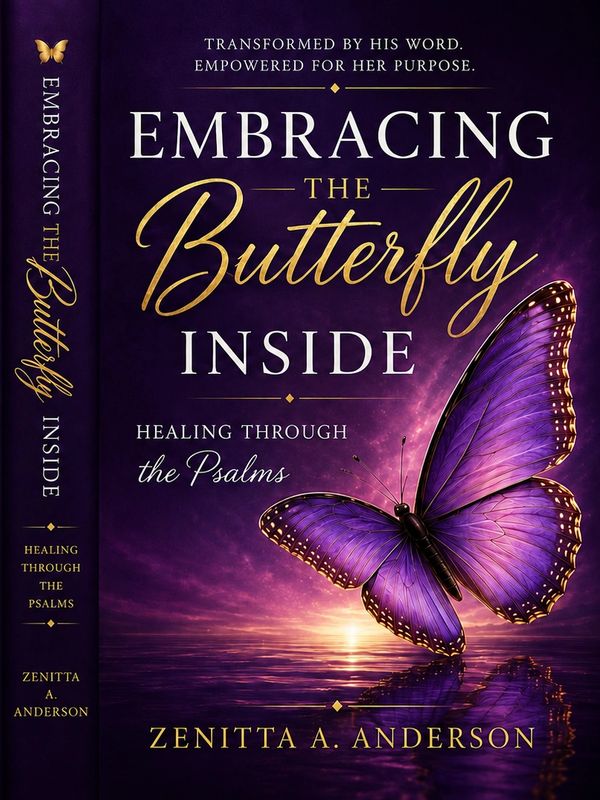Book cover featuring a vibrant purple butterfly over a sunset reflection.