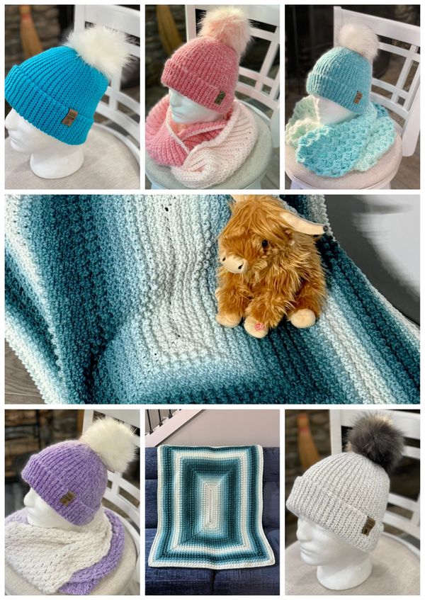 Colorful knitted hats and cozy blankets with pom-poms and plush toy.