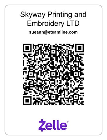QR code for Skyway Printing and Embroidery LTD with contact email and Zelle logo.
