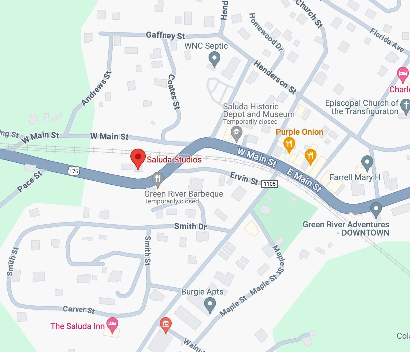 Map Location for Saluda Studios in downtown Saluda, NC.