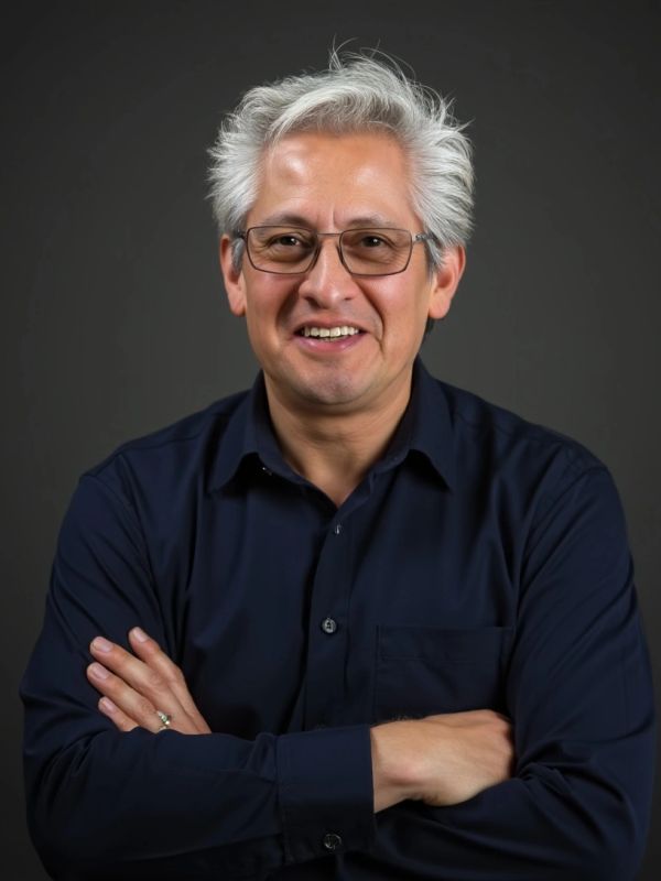 Smiling man with glasses and crossed arms.