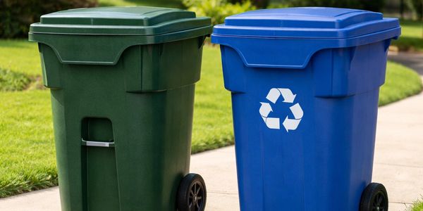Green trash bin and blue recycling bin on a sidewalk.