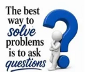 A 3D figure leans on a large question mark with an inspiring quote about solving problems.