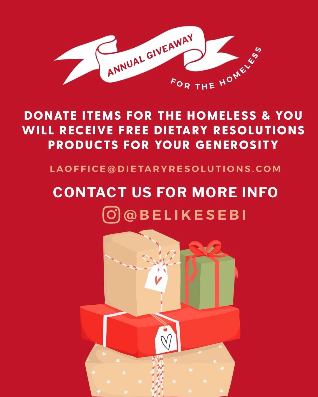 Annual giveaway for the homeless, donate items and get free products.