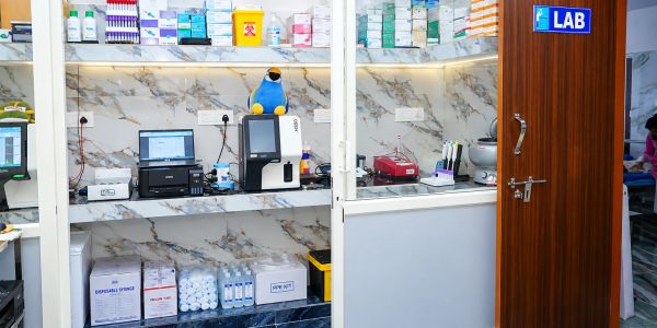 Medical laboratory with equipment and supplies.