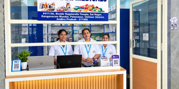 Three women pharmacists at a counter in a medical shop.